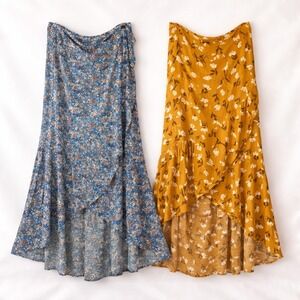 Sonoma Lot of 2 Blue & Mustard Ruffle Floral Maxi Skirt Size 4X Boho Hi-Low NWOT